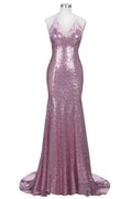 Rose Pink Sequins Mermaid Long Spaghetti Straps V-neck Prom Dresses by misshow.com