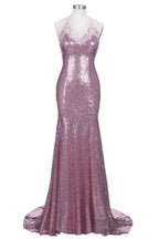 Rose Pink Sequins Mermaid Long Spaghetti Straps V-neck Prom Dresses by misshow.com