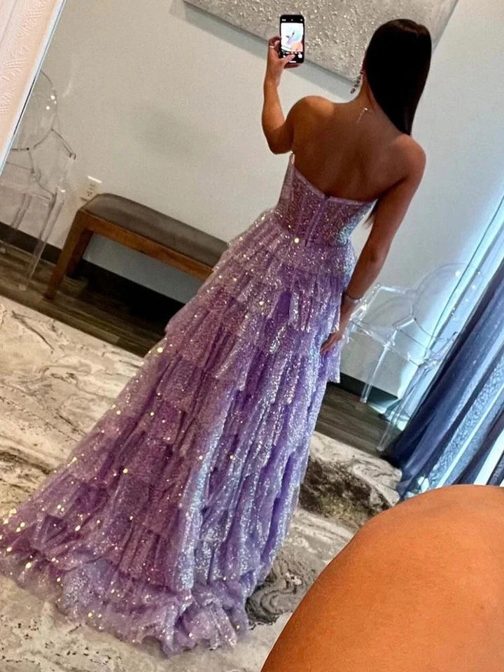 Rosina | Lavender A-Line Sweetheart Sequins Long Prom Dresses With Split by KissProm
