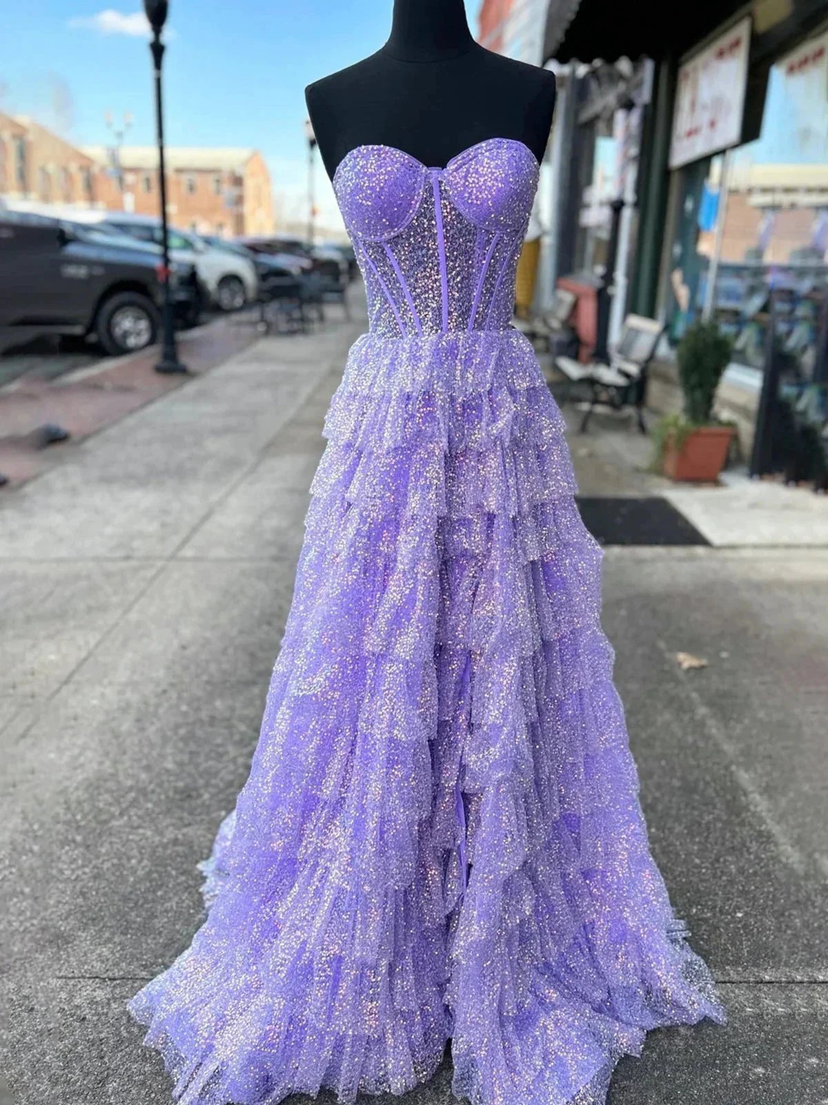 Rosina | Lavender A-Line Sweetheart Sequins Long Prom Dresses With Split by KissProm