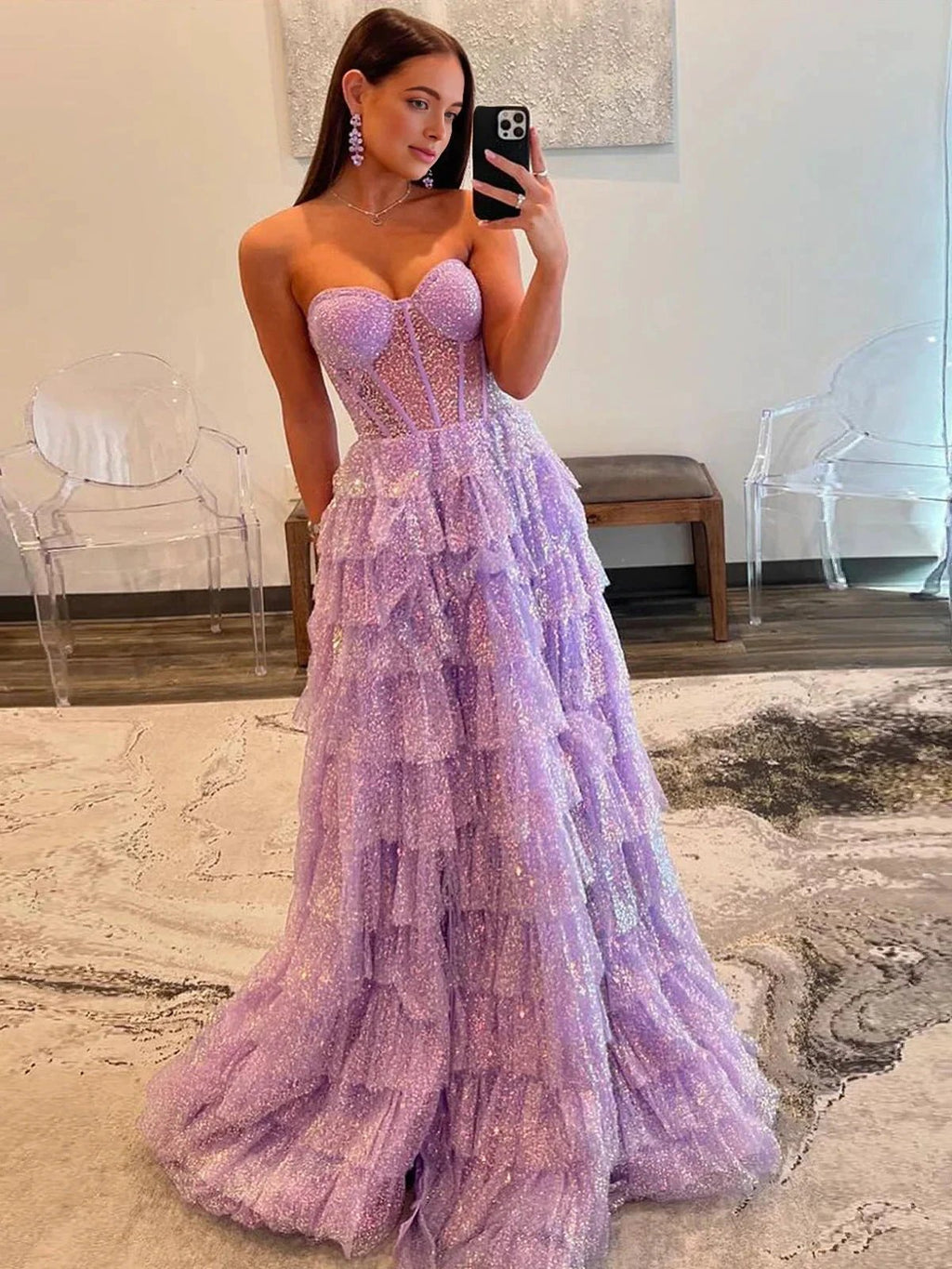Rosina | Lavender A-Line Sweetheart Sequins Long Prom Dresses With Split by KissProm