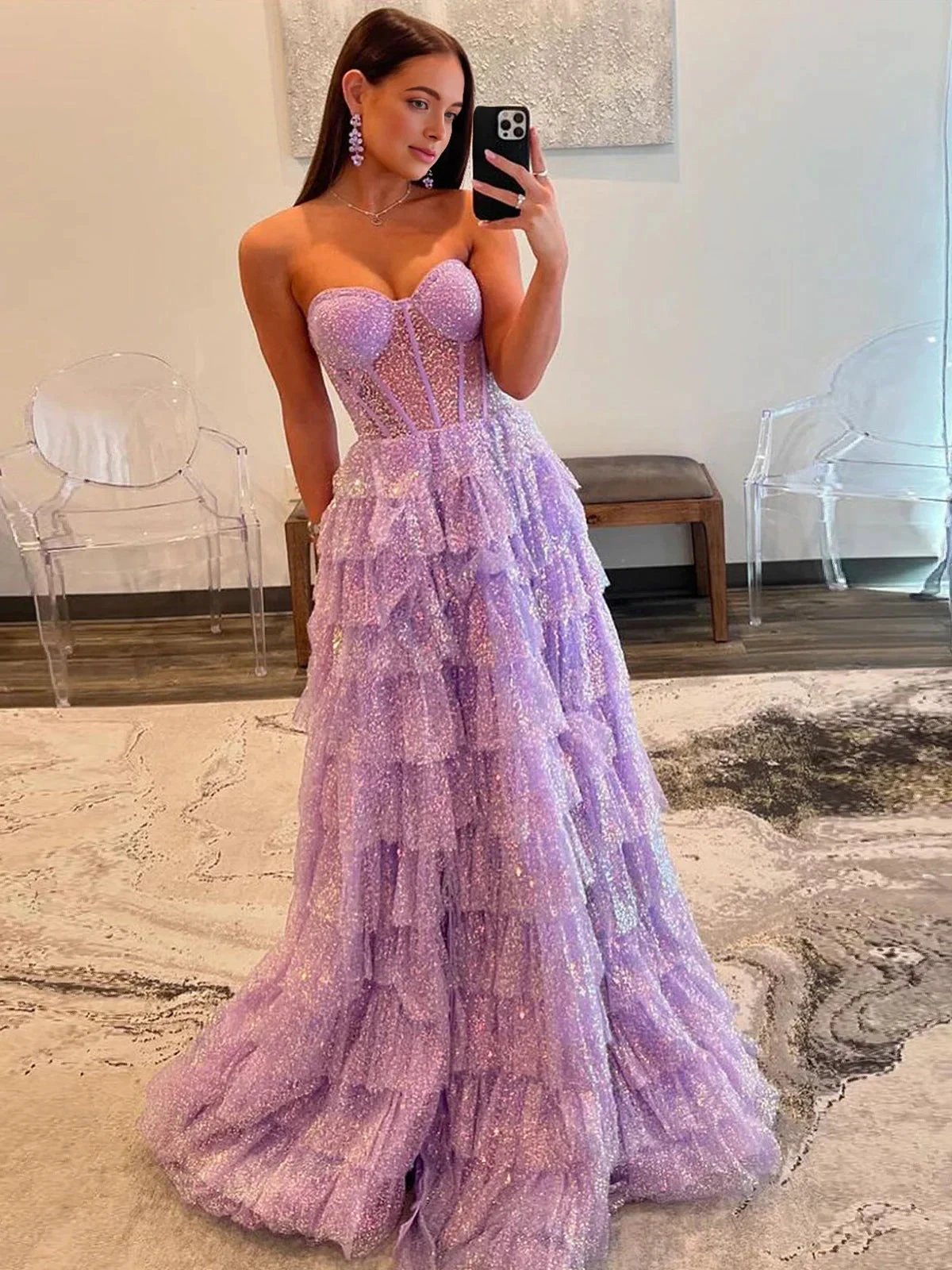 Rosina | Lavender A-Line Sweetheart Sequins Long Prom Dresses With Split by KissProm