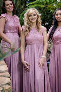 Round Neck Cap Sleeves Chiffon Bridesmaid Dress with Lace BD050 by pgmdress