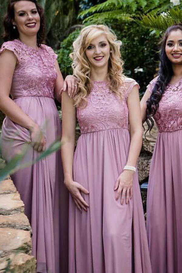 Round Neck Cap Sleeves Chiffon Bridesmaid Dress with Lace BD050 by pgmdress