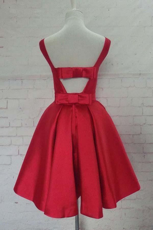Round Neck Cute Red A line Satin Short Prom Dress Homecoming Dress  PD129 Main Image