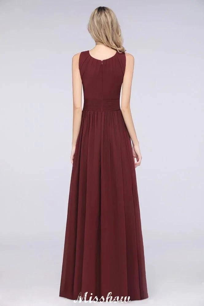 Round-Neck Floor-Length Ruffles Chiffon Bridesmaid Dress Aline Sleeveless Maid of Honor Dress by misshow.com