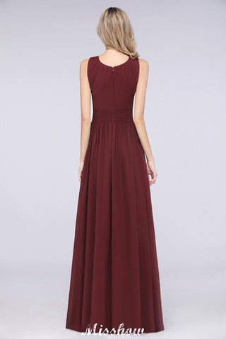 Vestido de dama de honor de gasa con cuello redondo, largo hasta el suelo, con volantes, corte A, sin mangas