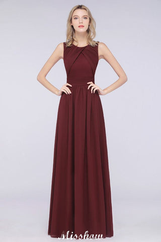 Vestido de dama de honor de gasa con cuello redondo, largo hasta el suelo, con volantes, corte A, sin mangas