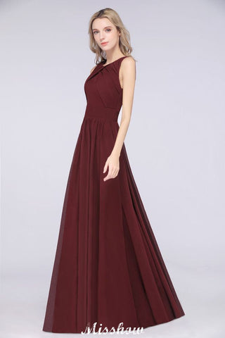 Vestido de dama de honor de gasa con cuello redondo, largo hasta el suelo, con volantes, corte A, sin mangas