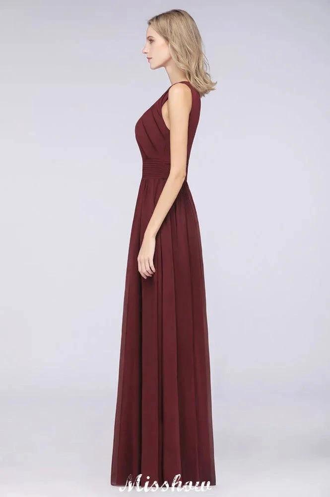 Round-Neck Floor-Length Ruffles Chiffon Bridesmaid Dress Aline Sleeveless Maid of Honor Dress by misshow.com