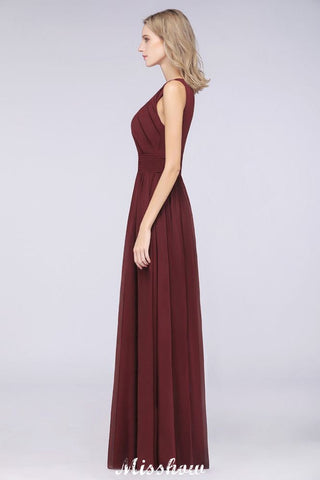 Vestido de dama de honor de gasa con cuello redondo, largo hasta el suelo, con volantes, corte A, sin mangas