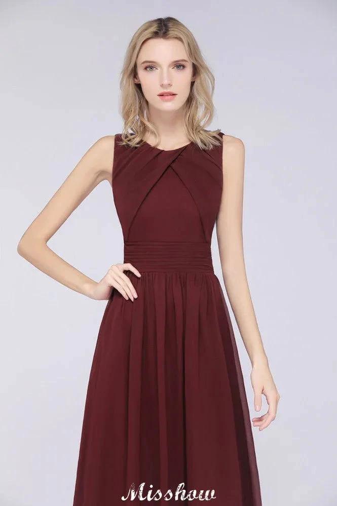 Round-Neck Floor-Length Ruffles Chiffon Bridesmaid Dress Aline Sleeveless Maid of Honor Dress by misshow.com