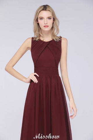 Vestido de dama de honor de gasa con cuello redondo, largo hasta el suelo, con volantes, corte A, sin mangas