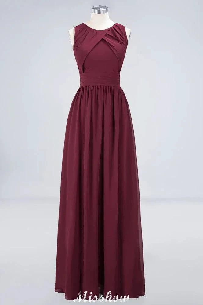 Round-Neck Floor-Length Ruffles Chiffon Bridesmaid Dress Aline Sleeveless Maid of Honor Dress by misshow.com