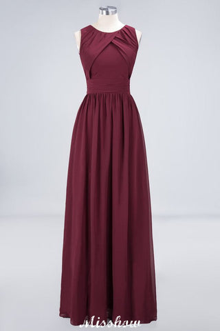 Vestido de dama de honor de gasa con cuello redondo, largo hasta el suelo, con volantes, corte A, sin mangas