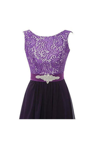 Vestido de dama de honor largo sin mangas con cuello redondo y encaje BD010