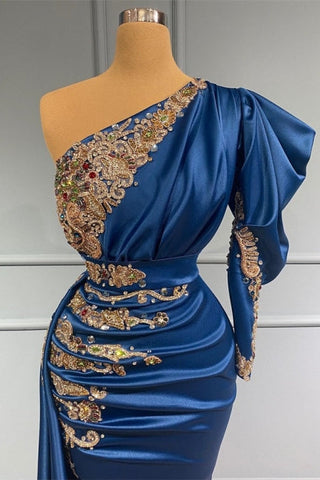 Königsblaues asymmetrisches One-Shoulder-Ballkleid aus Stretch-Satin mit Applikationen