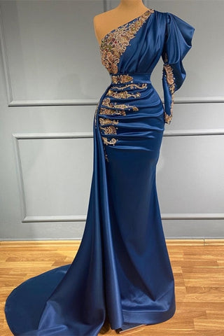 Königsblaues asymmetrisches One-Shoulder-Ballkleid aus Stretch-Satin mit Applikationen