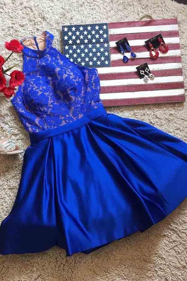Royal Blue Halter Satin Short Prom Dresses Homecoming Dresses  PD161 Main Image