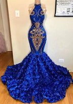 Royal Blue Halter Mermaid Prom Dresses Gorgeous Long Evening Gowns by BIZTUNNEL