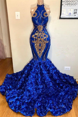 Hermosos vestidos de fiesta de sirena con cuello halter azul real y largos vestidos de noche