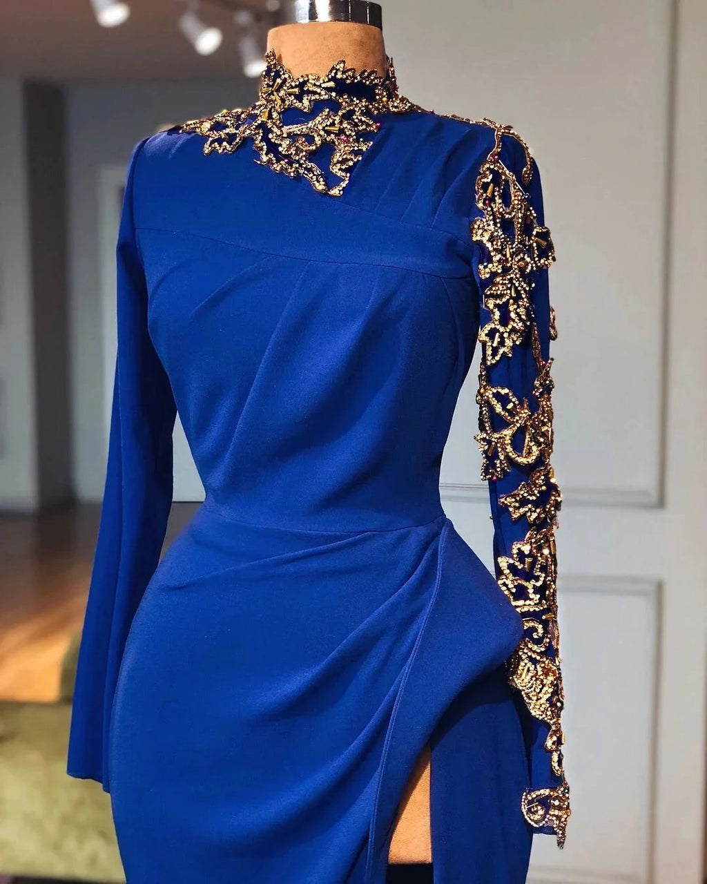 Royal Blue High Neck Mermaid Prom Dresses with Slit Elegant Long Sleeves Evening Gowns by BIZTUNNEL
