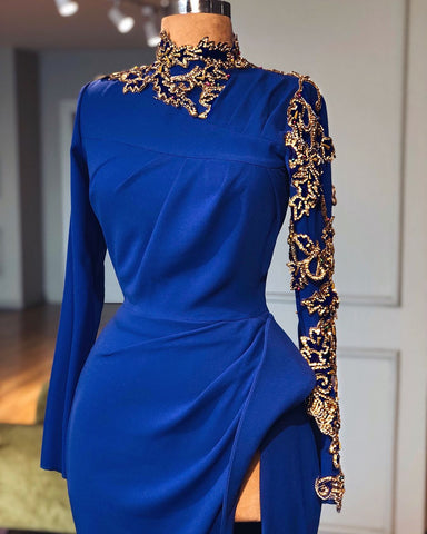 Vestidos de fiesta de sirena con cuello alto y abertura en azul real, elegantes vestidos de noche de manga larga