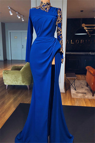 Vestidos de fiesta de sirena con cuello alto y abertura en azul real, elegantes vestidos de noche de manga larga
