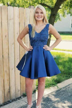 Royal Blue Lace Applique Homecoming Dresses Backless Short Prom Dress PD231 by pgmdress