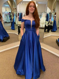 Royal Blue Long A-line Off the Shoulder Satin Prom Dress with Pocktes by BIZTUNNEL