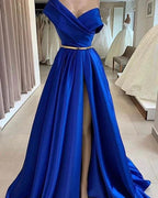 Royal Blue Long A-line One Shoulder Satin Prom Dresses with Slit by BIZTUNNEL