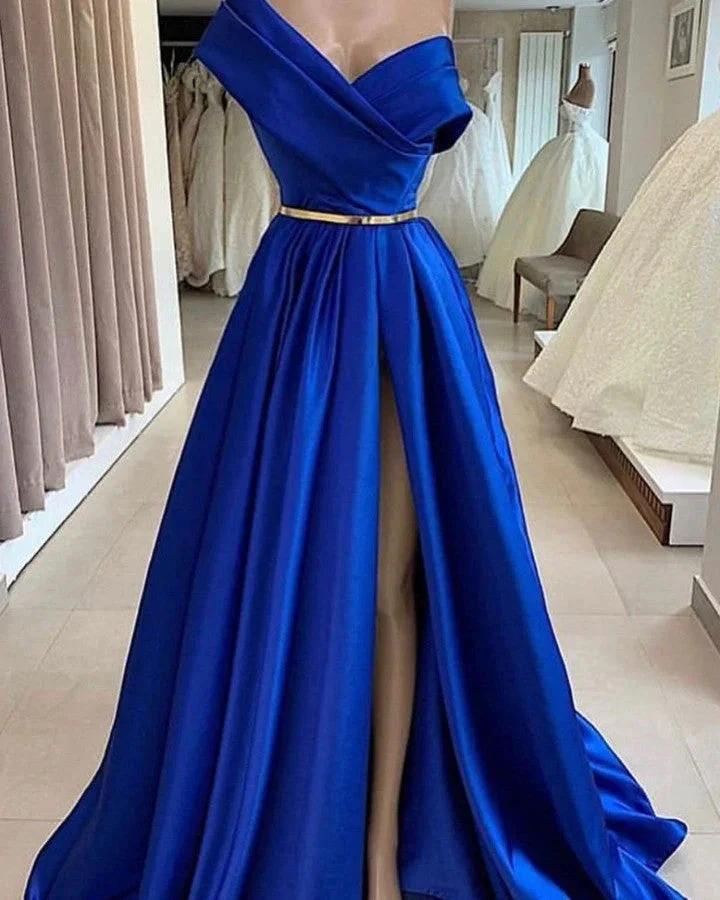 Royal Blue Long A-line One Shoulder Satin Prom Dresses with Slit by BIZTUNNEL