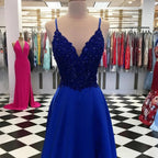 Royal Blue Long A-Line Sequins Satin V-neck Prom Dresses by BIZTUNNEL
