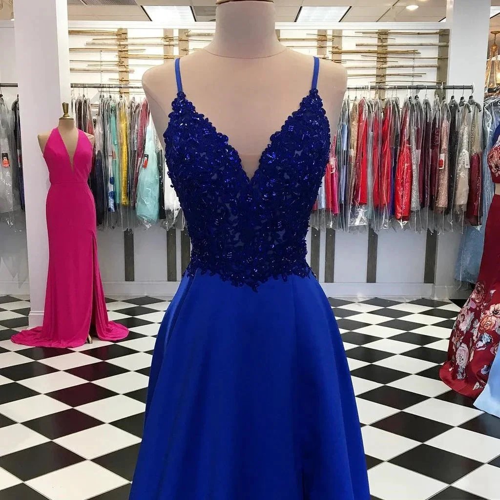 Royal Blue Long A-Line Sequins Satin V-neck Prom Dresses by BIZTUNNEL