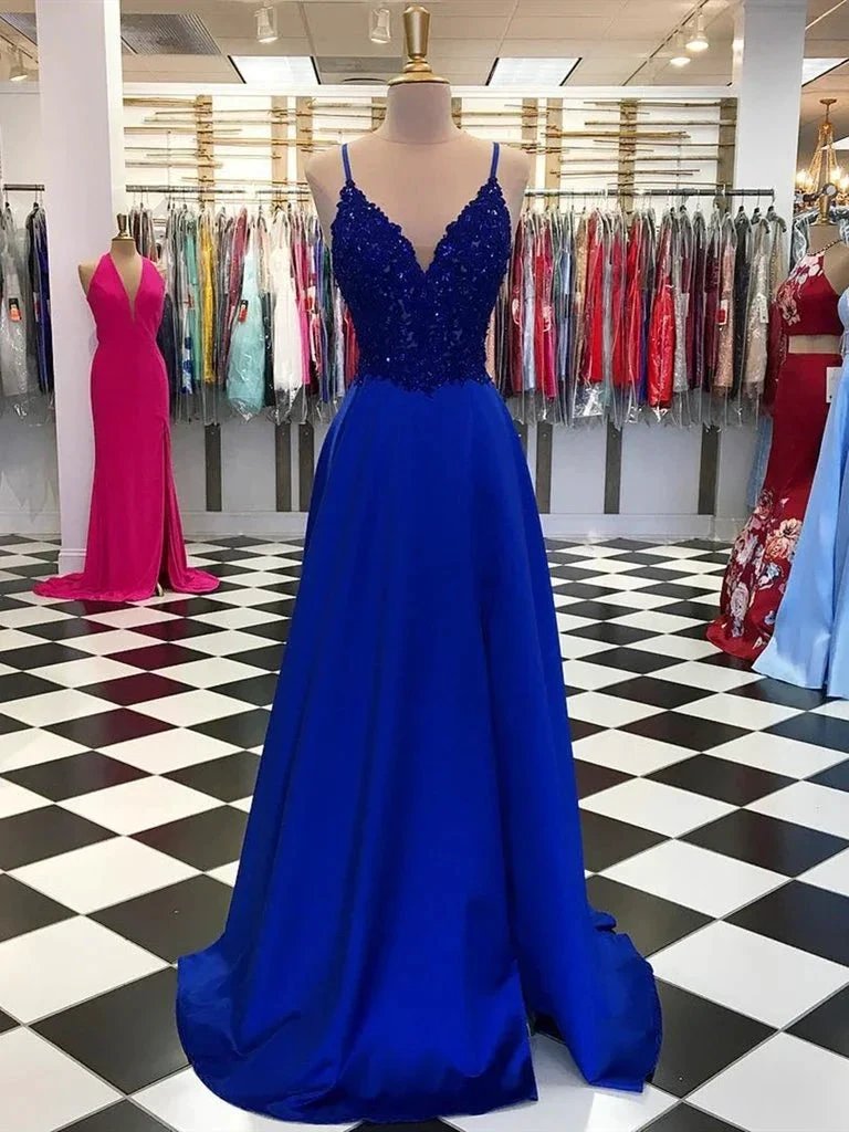 Royal Blue Long A-Line Sequins Satin V-neck Prom Dresses by BIZTUNNEL