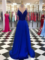 Royal Blue Long A-Line Sequins Satin V-neck Prom Dresses by BIZTUNNEL
