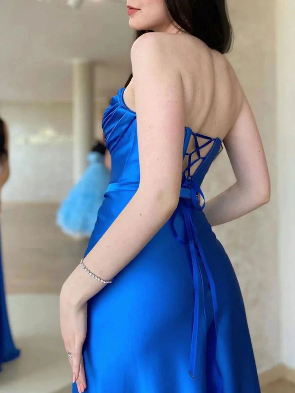 Royal Blue Long A-line Strapless Open Back Satin Formal Graduation Prom Dresses with Slit by BIZTUNNEL