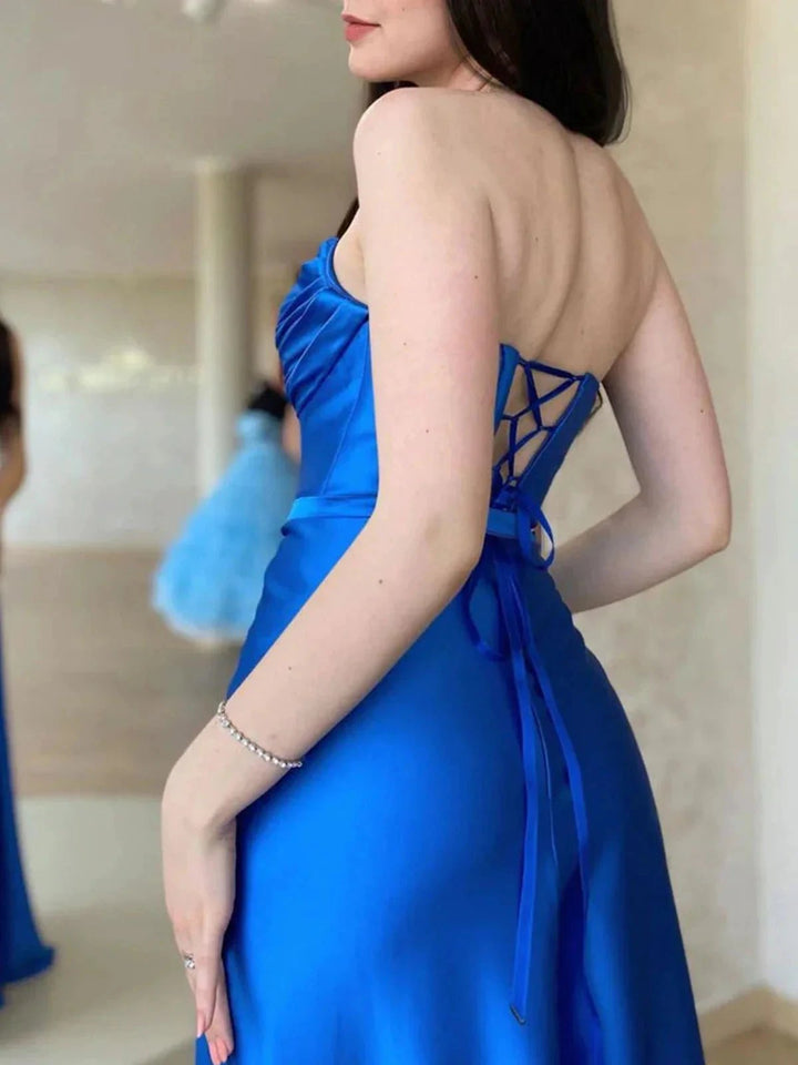 Royal Blue Long A-line Strapless Open Back Satin Formal Graduation Prom Dresses with Slit by BIZTUNNEL