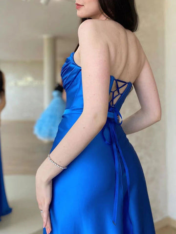 Royal Blue Long A-line Strapless Open Back Satin Formal Graduation Prom Dresses with Slit