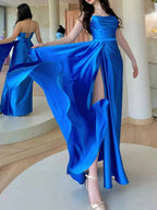 Royal Blue Long A-line Strapless Open Back Satin Formal Graduation Prom Dresses with Slit by BIZTUNNEL