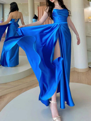 Royal Blue Long A-line Strapless Open Back Satin Formal Graduation Prom Dresses with Slit