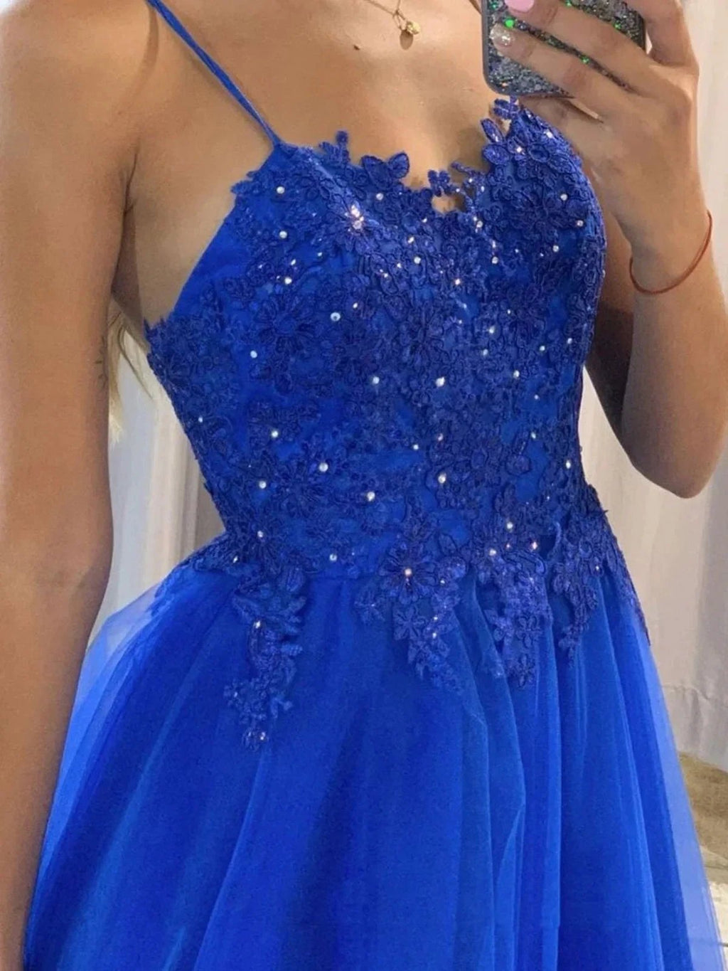 Royal Blue Long A-line Sweetheart Tulle Lace Formal Prom Dresses by BIZTUNNEL