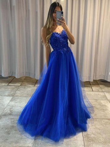 Vestidos de fiesta formales de tul con escote en forma de A y encaje en azul real