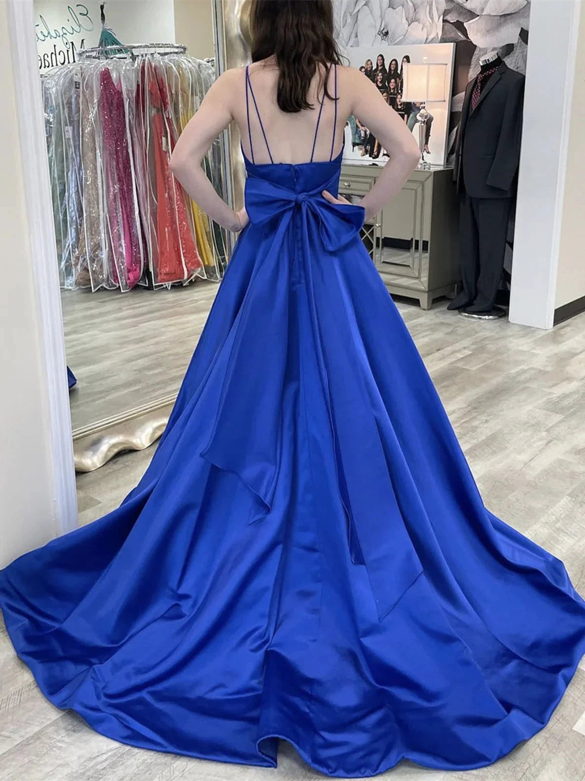 Royal Blue Long A-line V-neck Satin Backless Formal Prom Dress by BIZTUNNEL