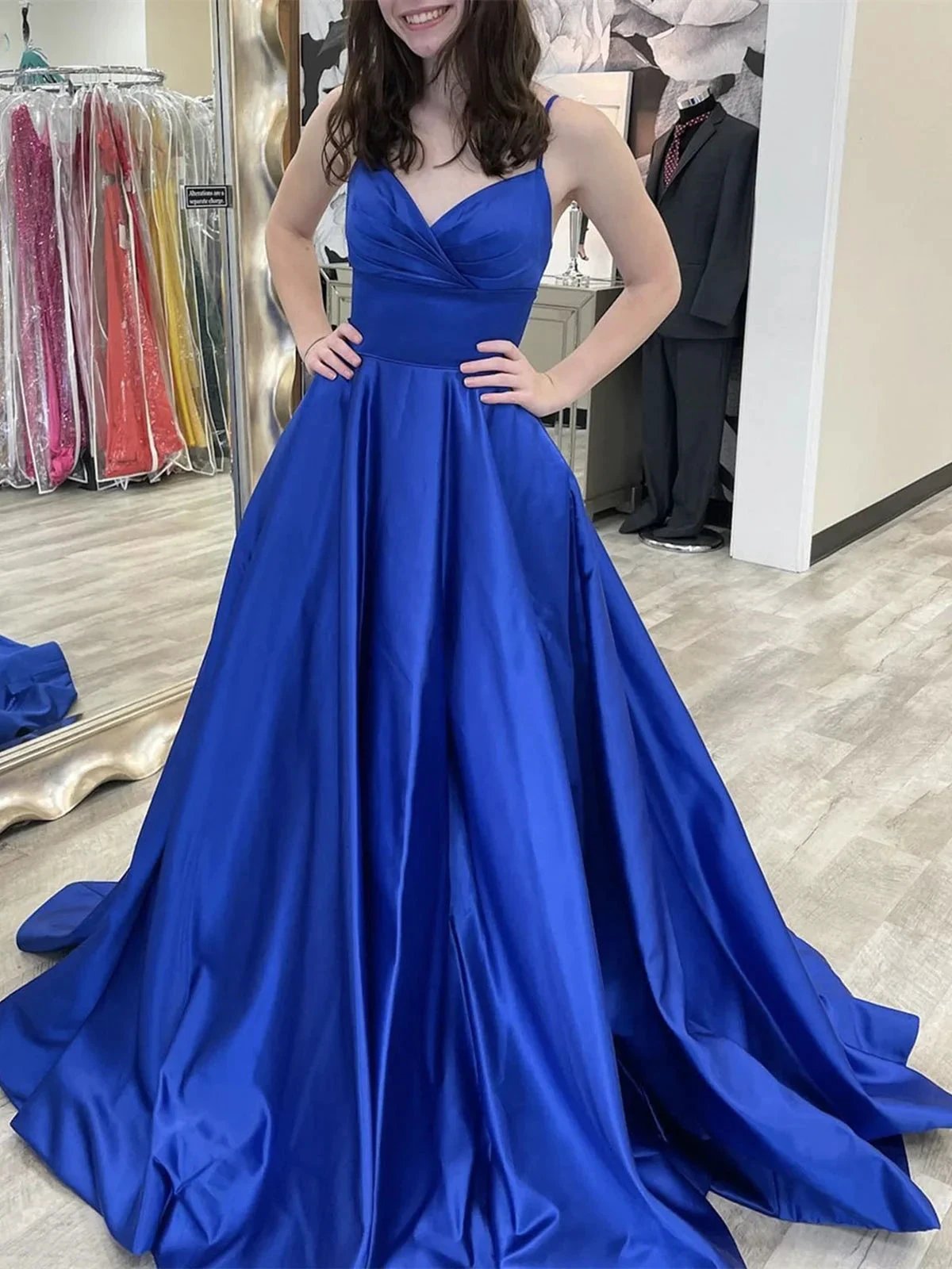 Royal Blue Long A-line V-neck Satin Backless Formal Prom Dress by BIZTUNNEL
