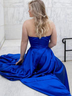Royal Blue Long A-line V-neck Satin Backless Graduation Prom Dresses with Slit by BIZTUNNEL