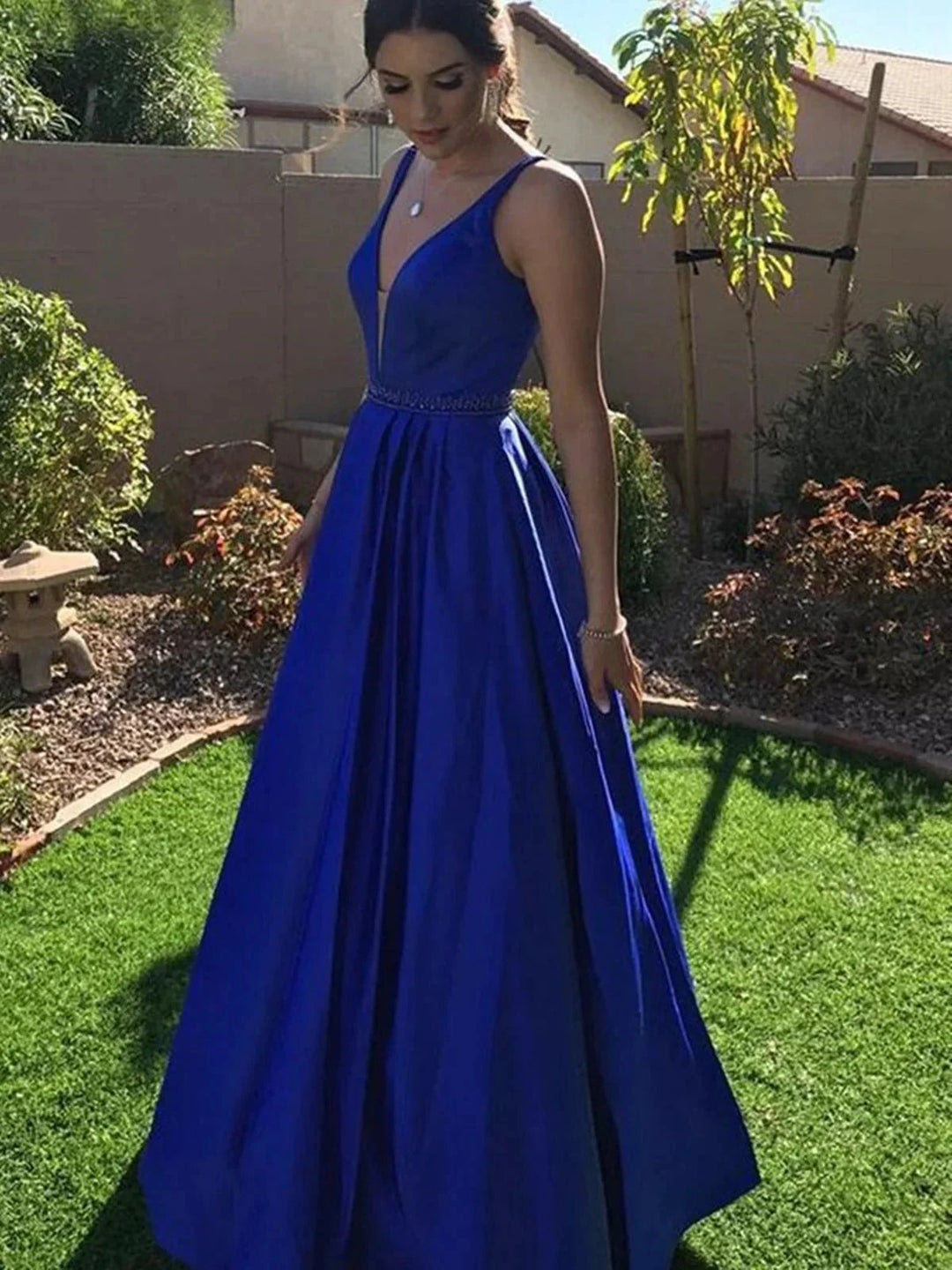 Royal Blue Long A Line V Neck Satin Formal Graduation Prom Dresses by BIZTUNNEL