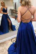 Royal Blue Long A-Line V-neck Satin Open Back Prom Dress With Slit by BIZTUNNEL