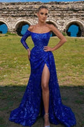 Royal Blue Long Glitter Split Mermaid Prom Dresses With Sleeves by misshow.com