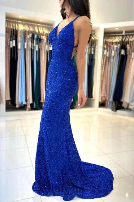 Royal Blue Long Mermaid V-neck Spaghetti Straps Backless Sequined Formal Prom Dresses by BIZTUNNEL